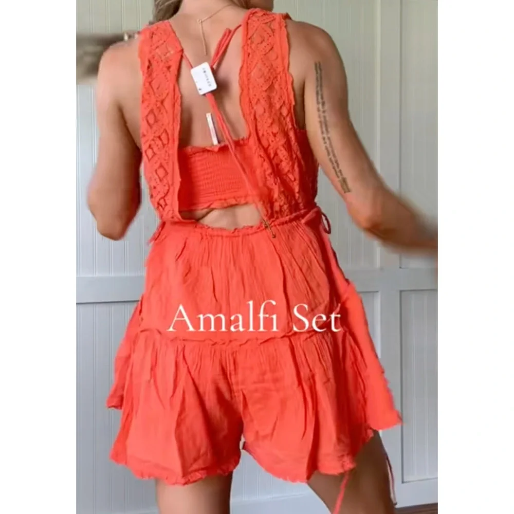 NEW FREE PEOPLE SCARLET IBIS AMALFI BANDEAU TOP ROMPER LACE 2 PIECE SET SZ XS